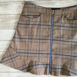 🆑 Soft Plaid Mini Skirt Brown Blue Tulip Hem Pockets Front Zipper Winter S M L